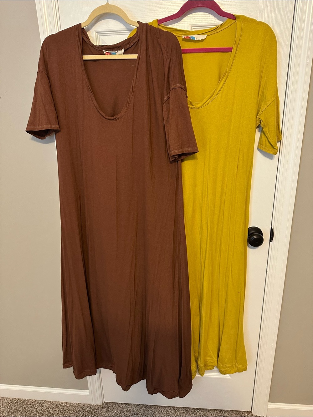 Free People Everyday Scoop Neck Maxi Dresses in Brown and Mustard
